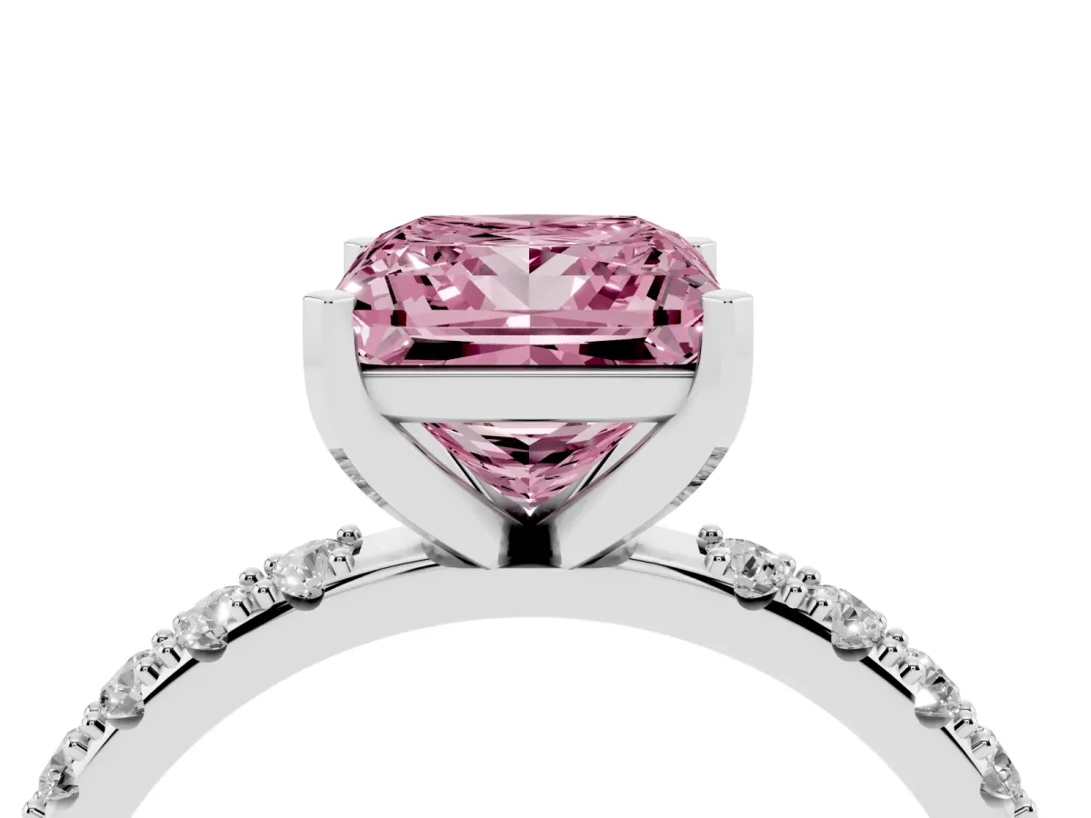 Fancy Pink Princess Cut Diamond Solitaire Pavé Band with Four-Prong Setting Silver