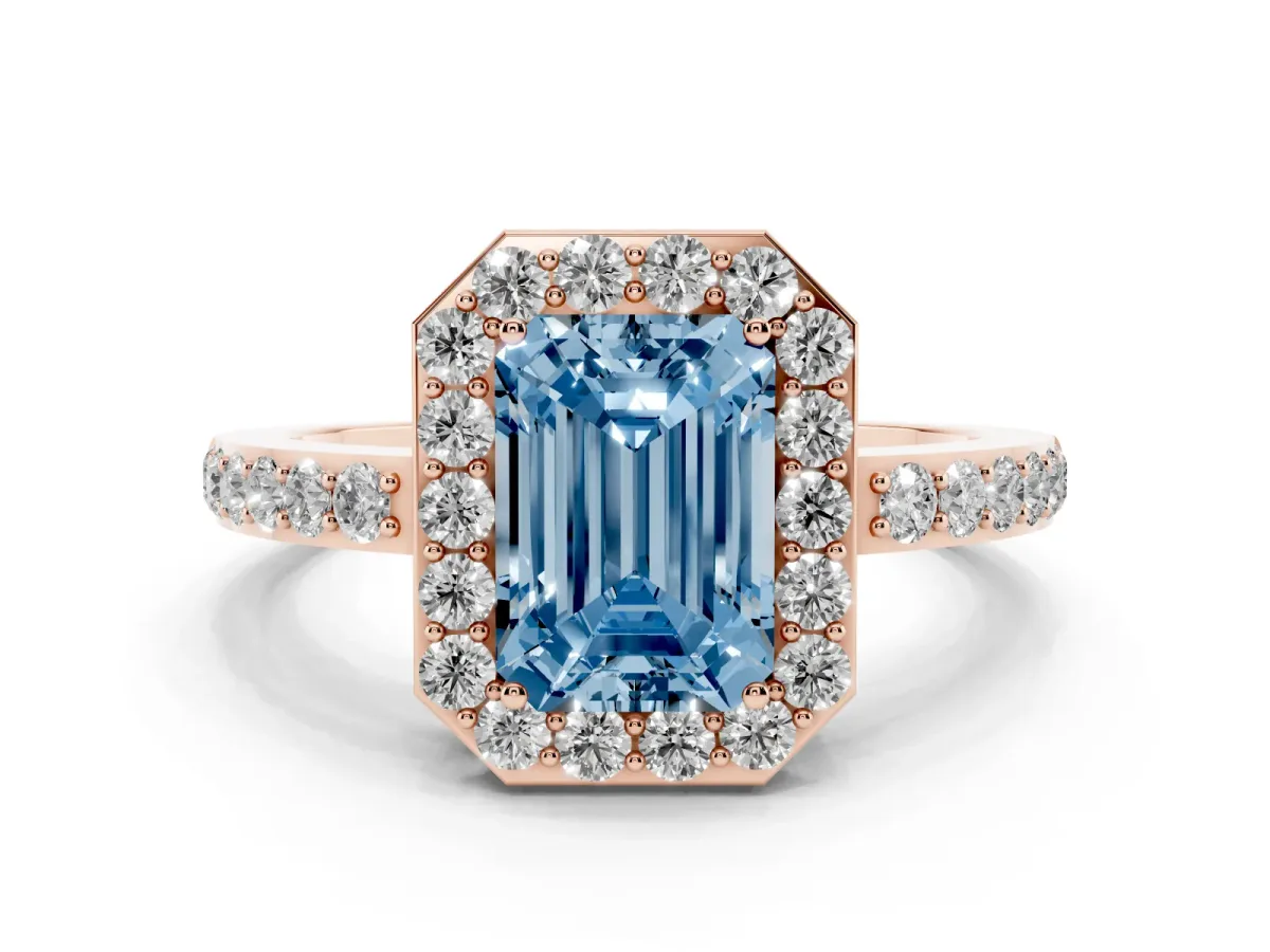Fancy Blue Emerald Cut Halo Diamond Pavé Band Ring with Prong Setting Rose gold