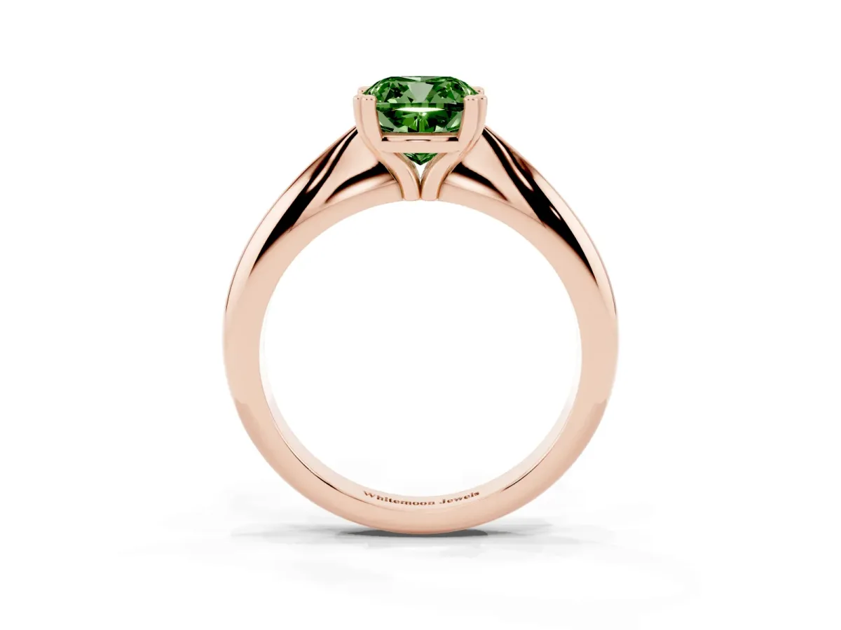 Fancy Green Cushion Cut Cut Solitaire Engagement Ring with Tapered Band and Four-Prong Setting Rose gold