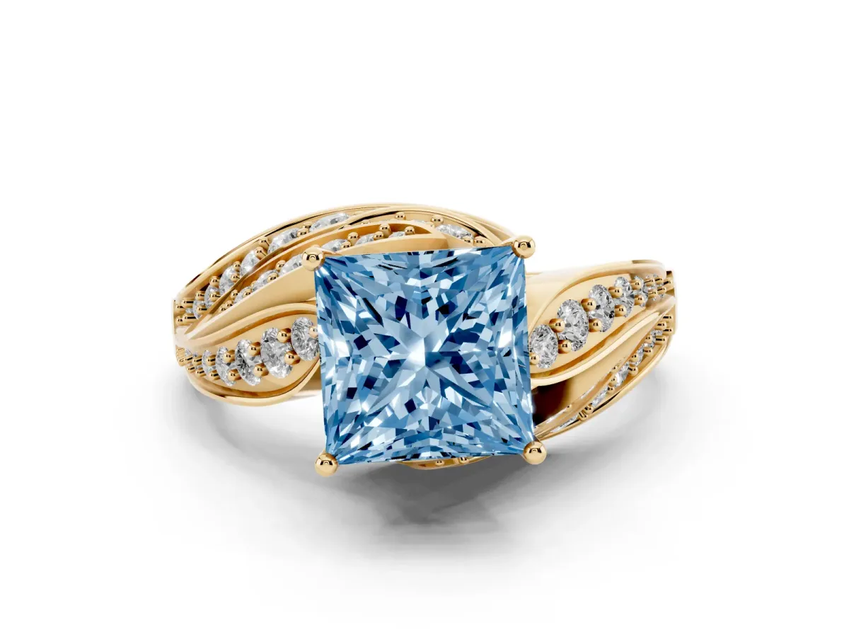 Fancy Blue Princess Cut Diamond Solitaire Ring with Prong Setting and Twisted Pavé Band Yellow gold