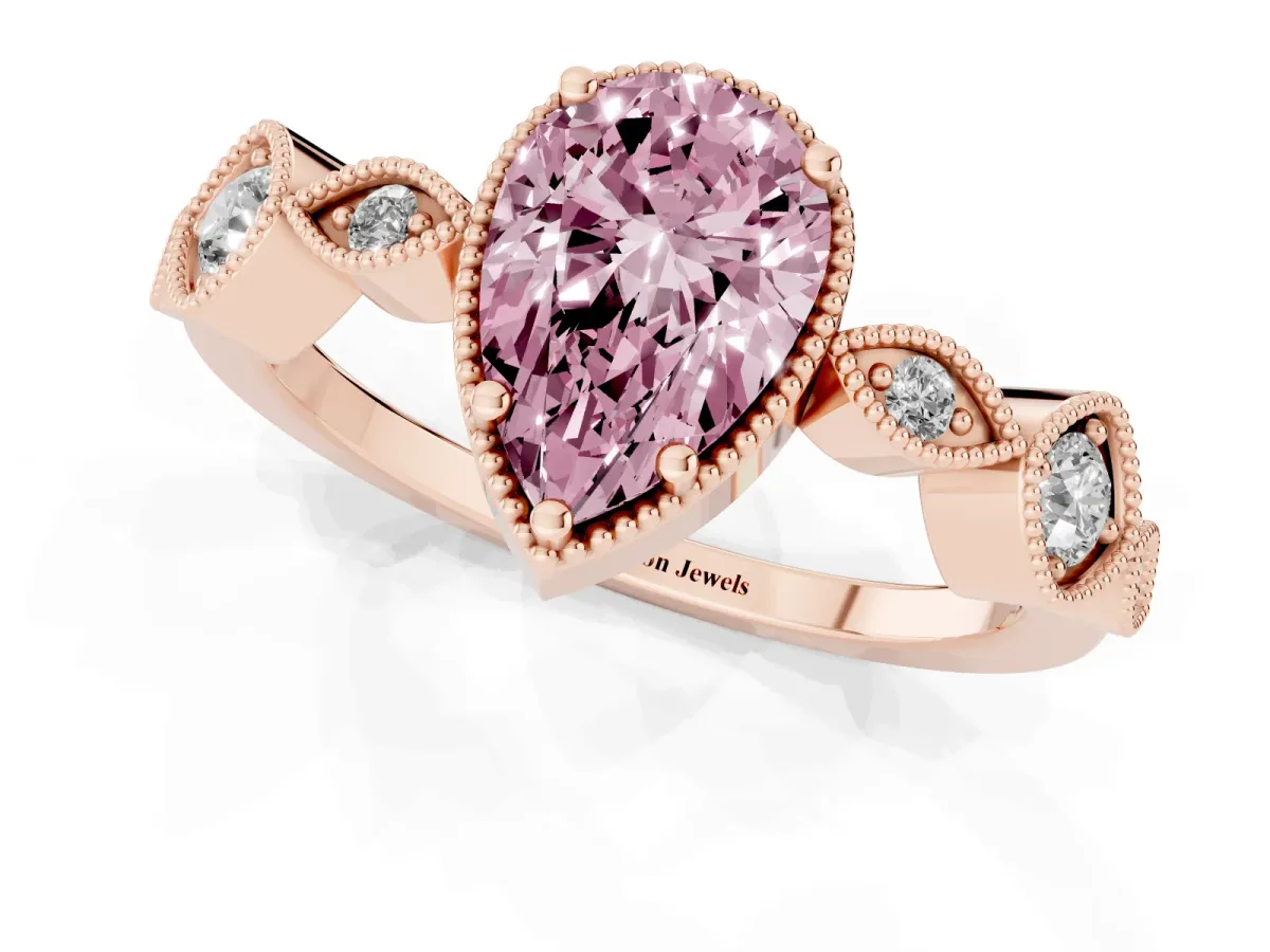 Fancy Pink Pear Cut Diamond Vintage Milgrain Ring with Round Stations Rose gold