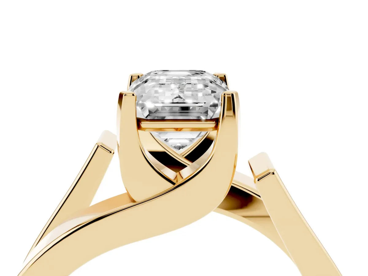 Modern Tension Set Emerald Cut Diamond Solitaire Wide Band Ring Yellow gold