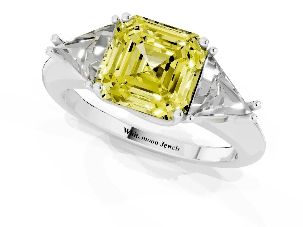 Fancy Yellow Three-Stone Asscher Cut Diamond Engagement Ring with Trillion Side Stones and Prong Setting Silver