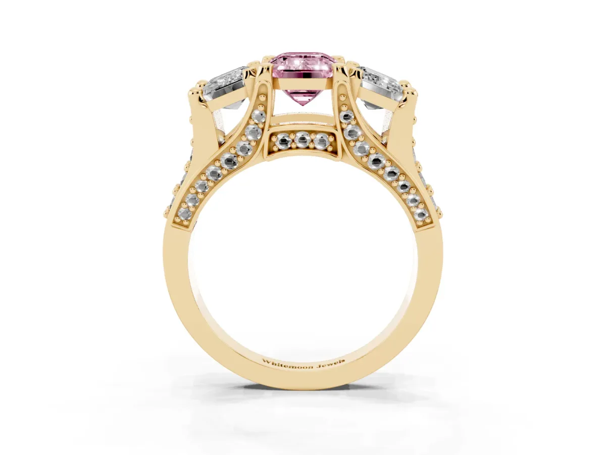 Fancy Pink Emerald Cut Diamond Three-Stone Ring with Channel Set Band and Four-Prong Setting Yellow gold