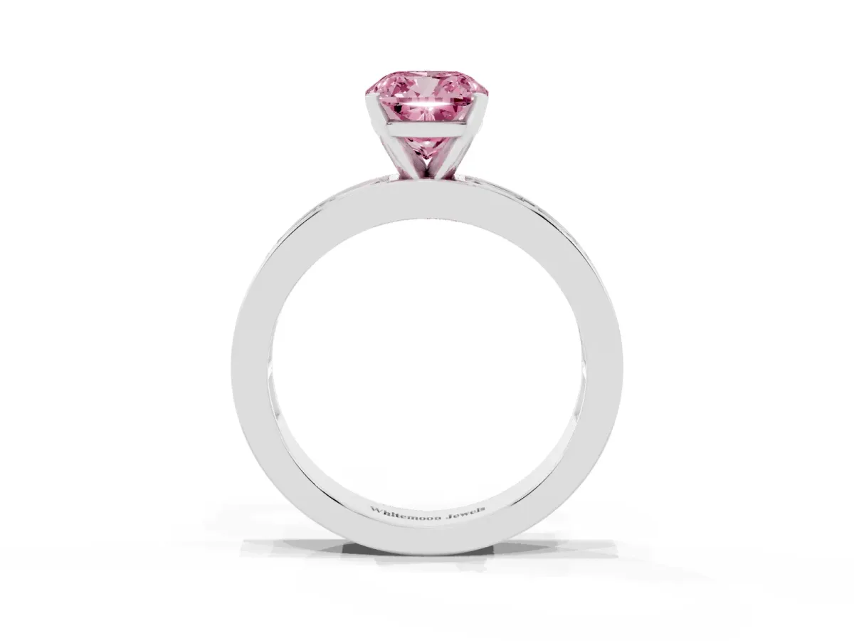 Fancy Pink Cushion Cut Solitaire Diamond Ring with Channel-Set Baguette Band and Four-Prong Setting White gold