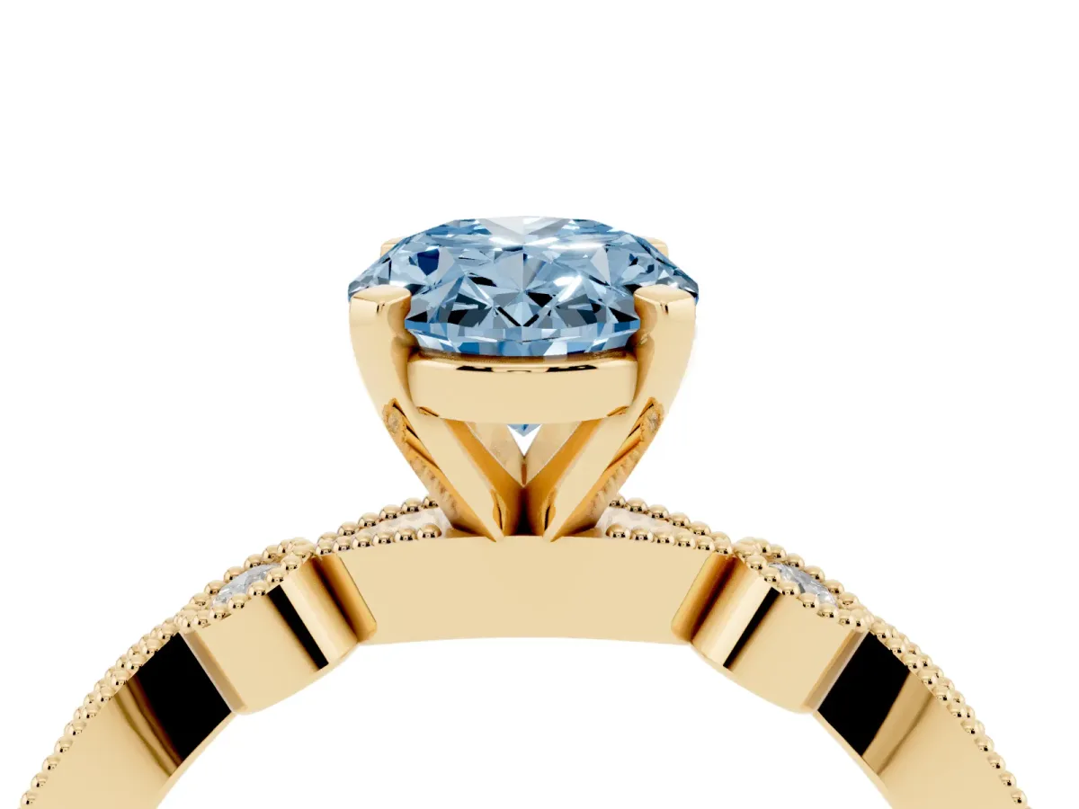 Fancy Blue Oval Cut Milgrain Bezel Diamond Engagement Ring with Solitaire Prong Setting Yellow gold