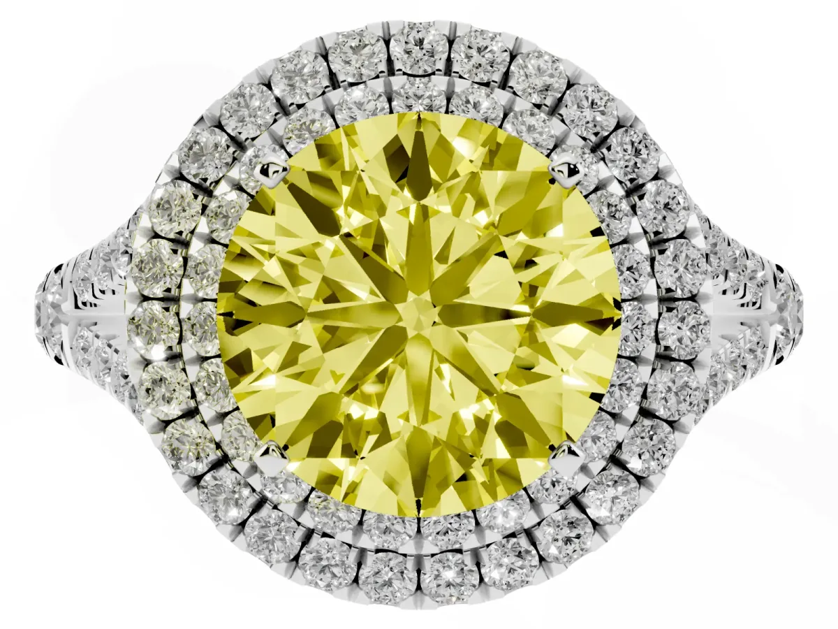 Fancy Yellow Round Cut Diamond Double Halo Ring with Split Shank and Prong Setting Platinum