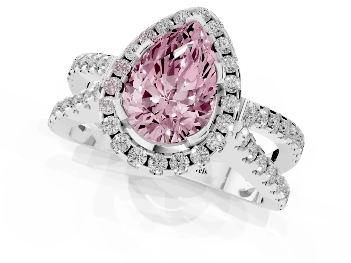 Fancy Pink Pear Cut Diamond Halo Ring with Split Shank Pavé Band and Prong Setting Silver