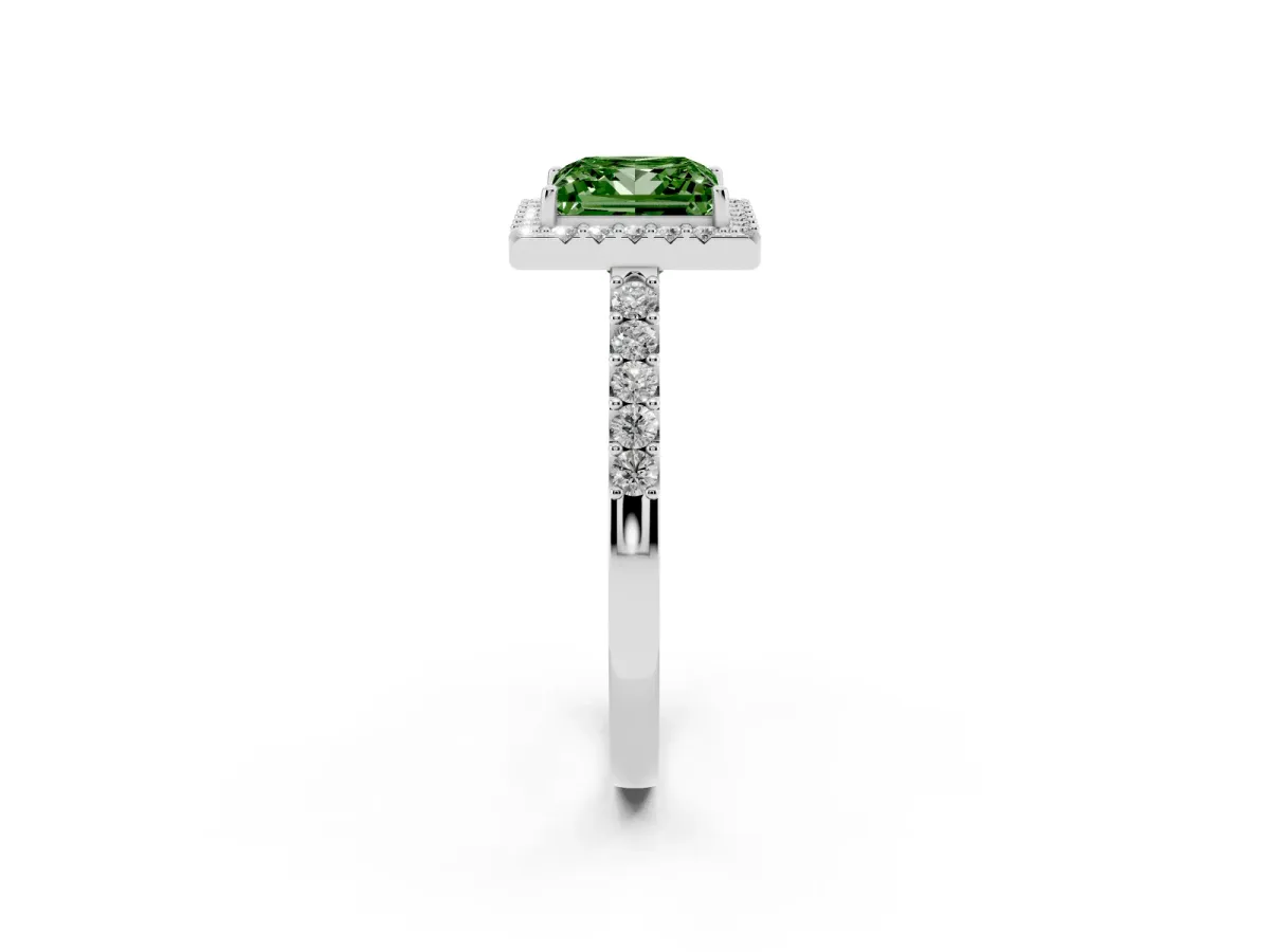 Fancy Green Princess Cut Halo Diamond Pavé Solitaire Ring Platinum