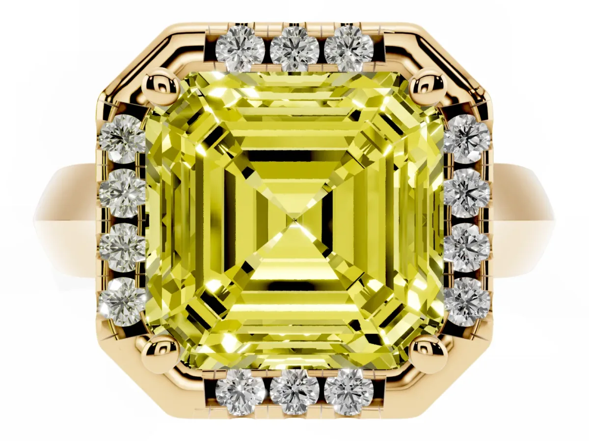 Fancy Yellow Asscher Cut Cut Halo Solitaire Engagement Ring with Square Band and Four-Prong Setting Yellow gold