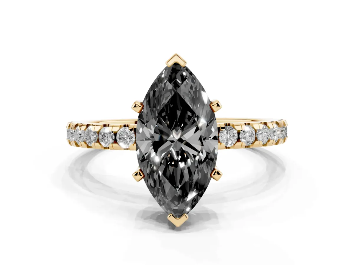 Fancy Black Marquise Cut Diamond Solitaire Ring with Round Pavé Band and Four-Prong Setting Yellow gold