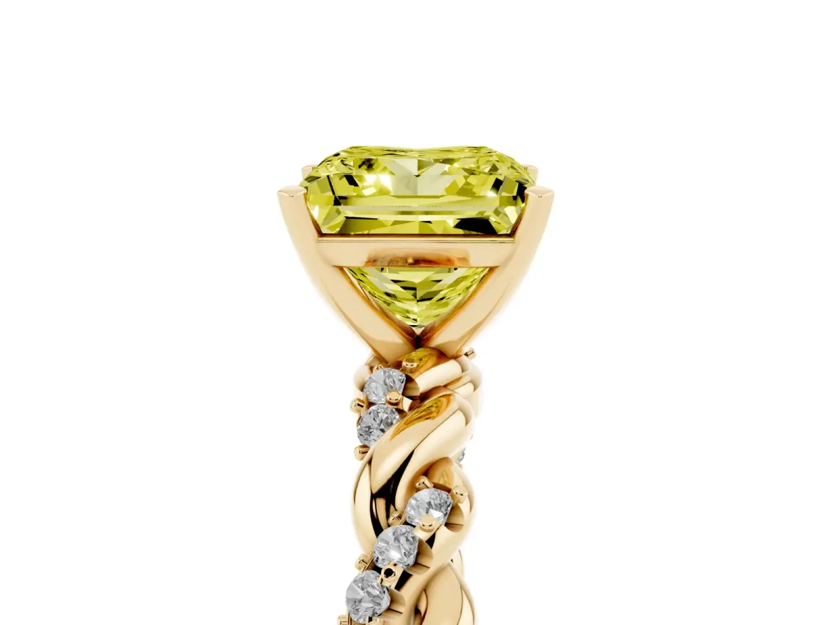 Fancy Yellow Princess Cut Diamond Solitaire Ring with Twisted Band and Pavé Accents Yellow gold