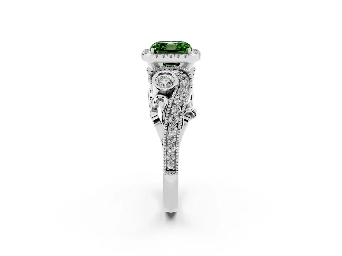 Fancy Green Asscher Cut Diamond Halo Ring with Milgrain Pavé Band and Four-Prong Setting White gold
