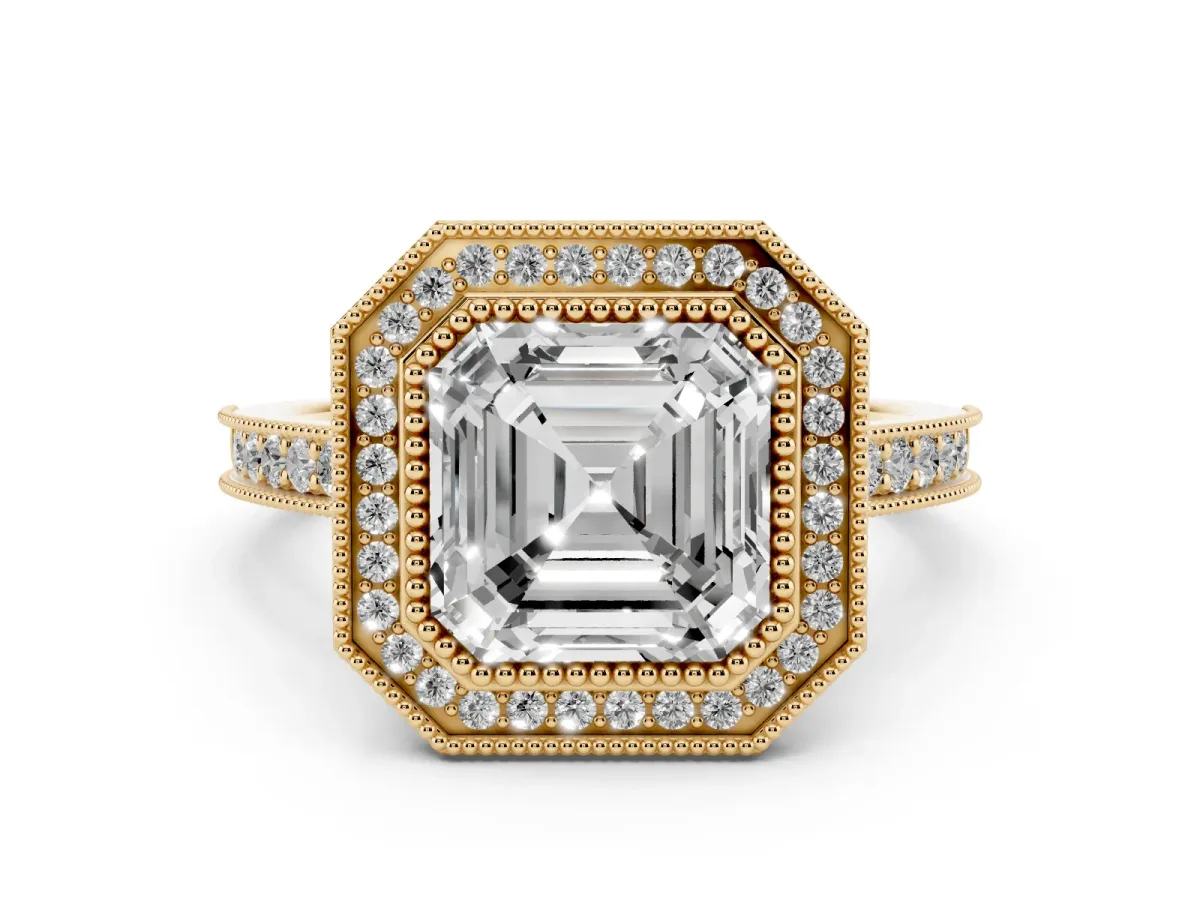 Halo Asscher Cut-Cut Diamond Pave Band Milgrain Prong Setting Ring Yellow gold