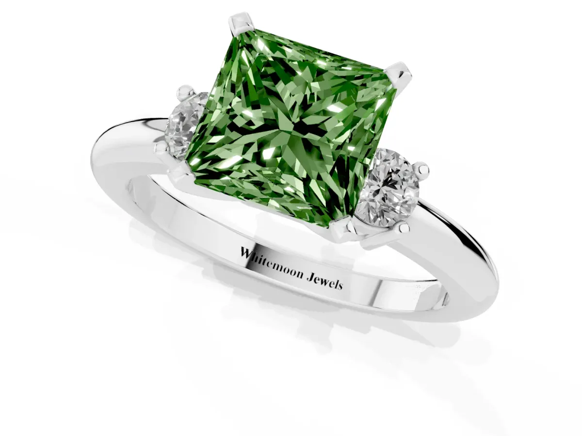 Fancy Green Three-Stone Princess Cut Cut Diamond Solitaire with Prong Setting and Classic Band Silver
