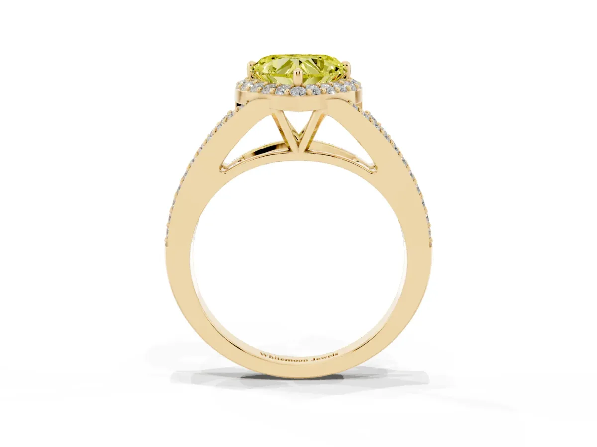 Fancy Yellow Heart Cut Halo Split Shank Diamond Ring with Prong Setting Yellow gold