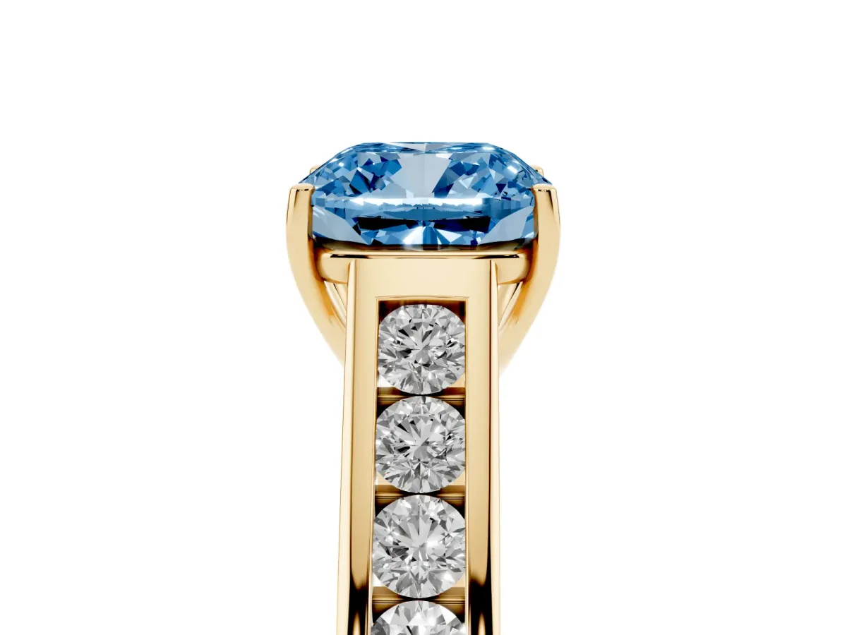 Fancy Blue Cushion Cut Solitaire Channel-Set Diamond Engagement Ring with Four-Prong Setting Yellow gold