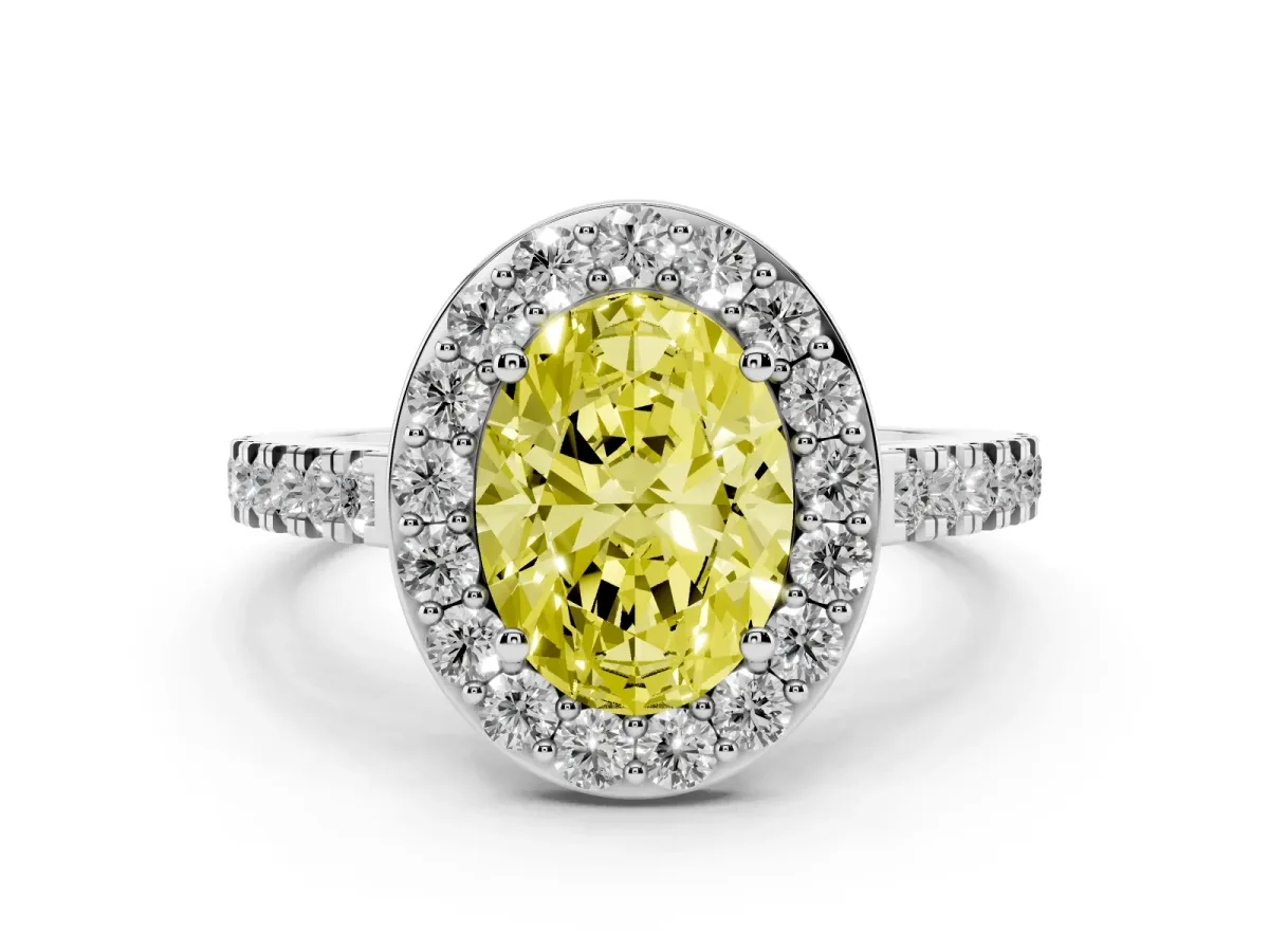 Fancy Yellow Oval Cut Diamond Halo Ring with Round Pavé Split Shank and Prong Setting Silver