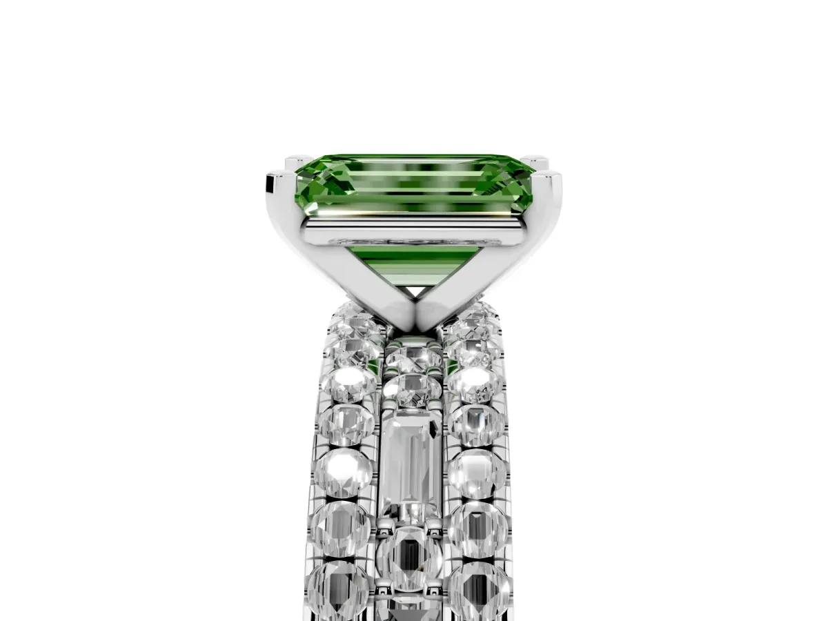 Fancy Green Emerald Cut Diamond Solitaire Ring with Pavé and Channel Set Band White gold