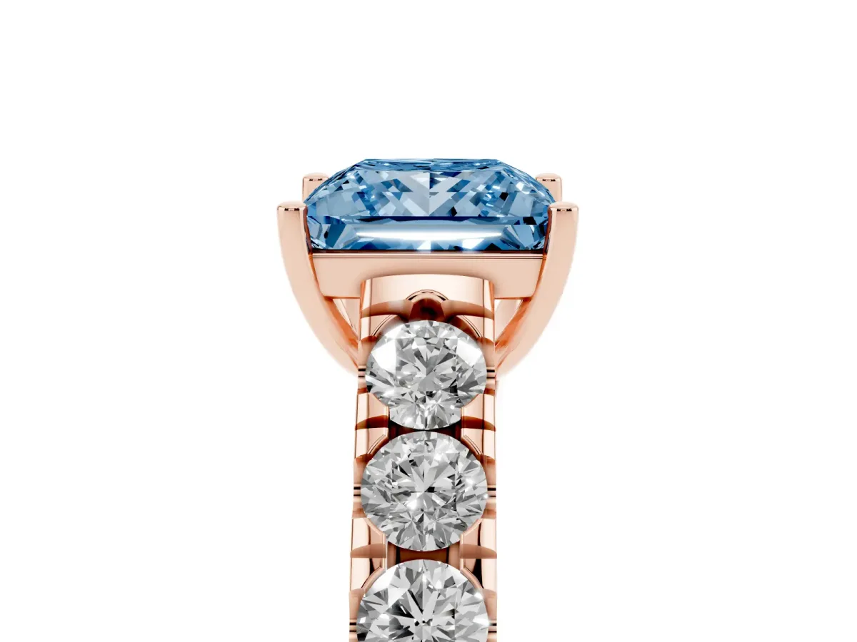 Fancy Blue Princess Cut Cut Diamond Solitaire Ring with Micro Pave Band and Prong Setting Rose gold