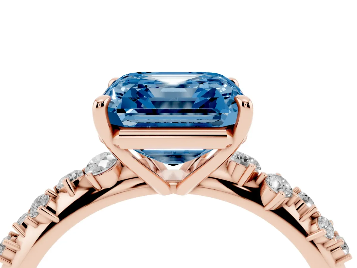 Fancy Blue Asscher Cut Diamond Cluster Side Stone Solitaire Ring with Prong Setting Rose gold