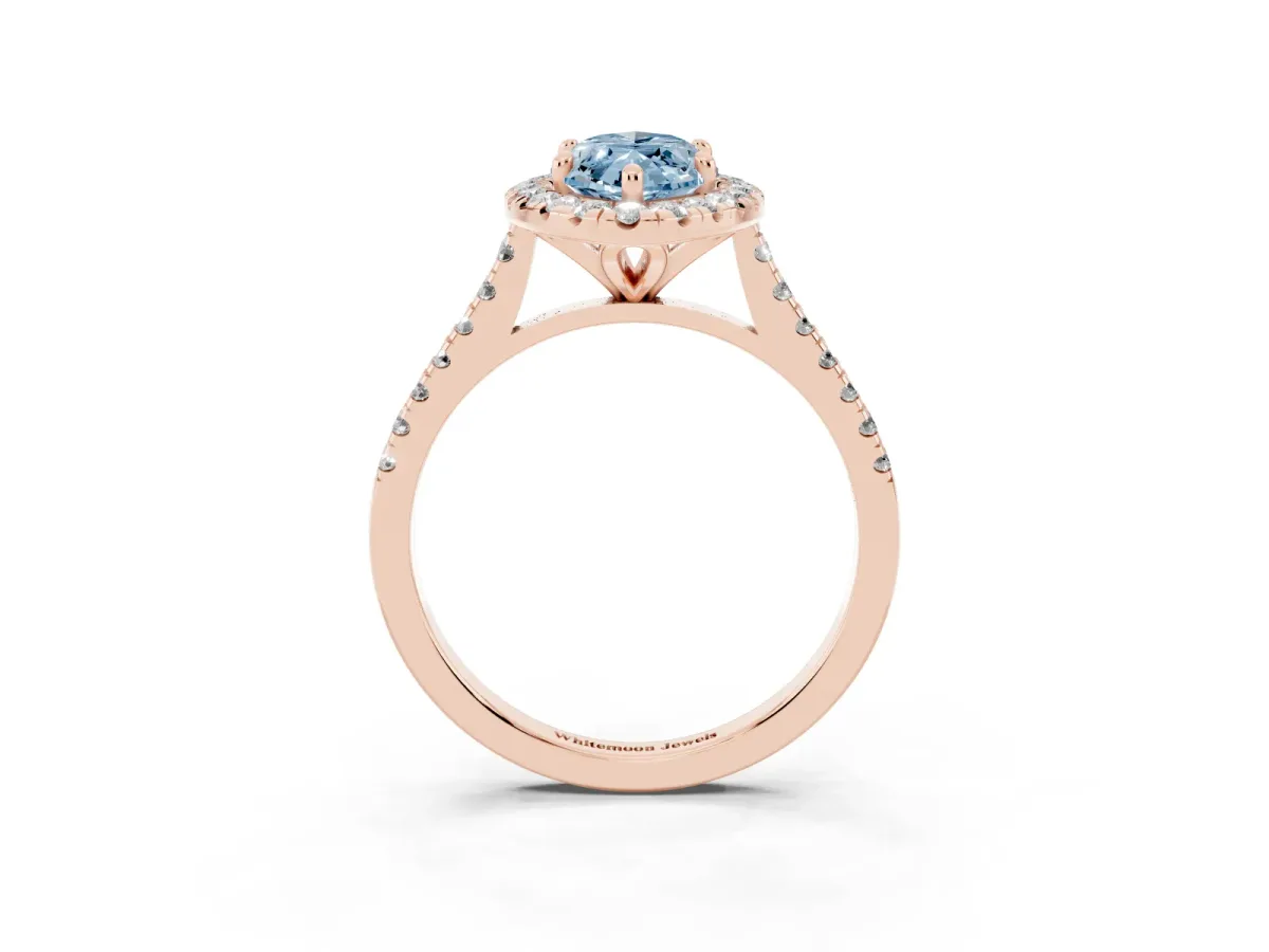 Fancy Blue Marquise Cut Diamond Cushion Halo Ring with Pavé Band Rose gold