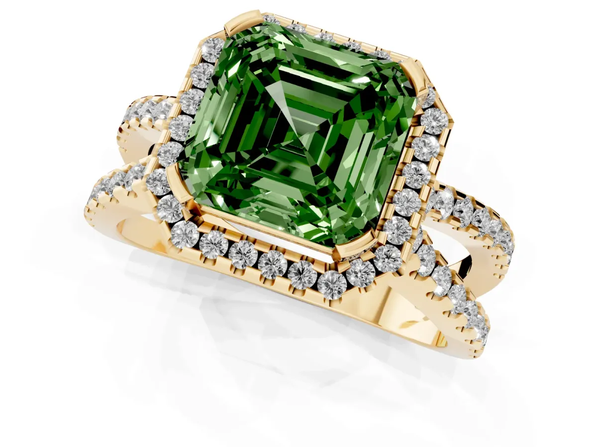 Fancy Green Asscher Cut Diamond Halo Ring with Split Shank Pavé Band and Prong Setting Yellow gold