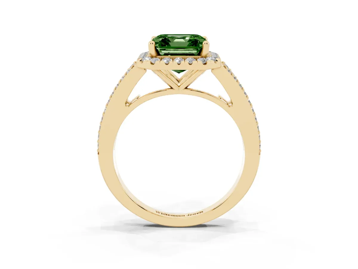 Fancy Green Asscher Cut Halo Split Shank Diamond Ring with Prong Setting Yellow gold