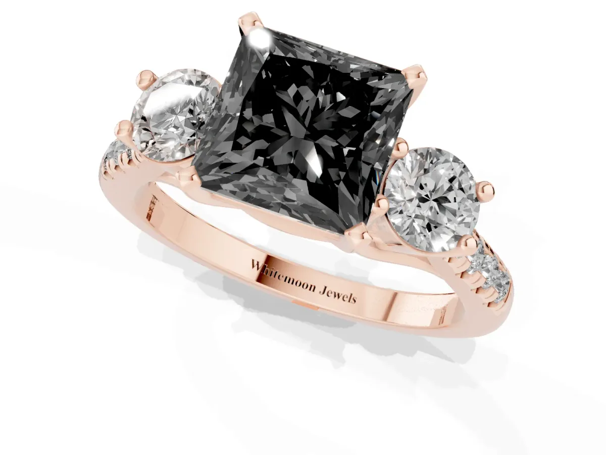 Fancy Black Three-Stone Princess Cut Diamond Pavé Band with Four-Prong Setting Rose gold
