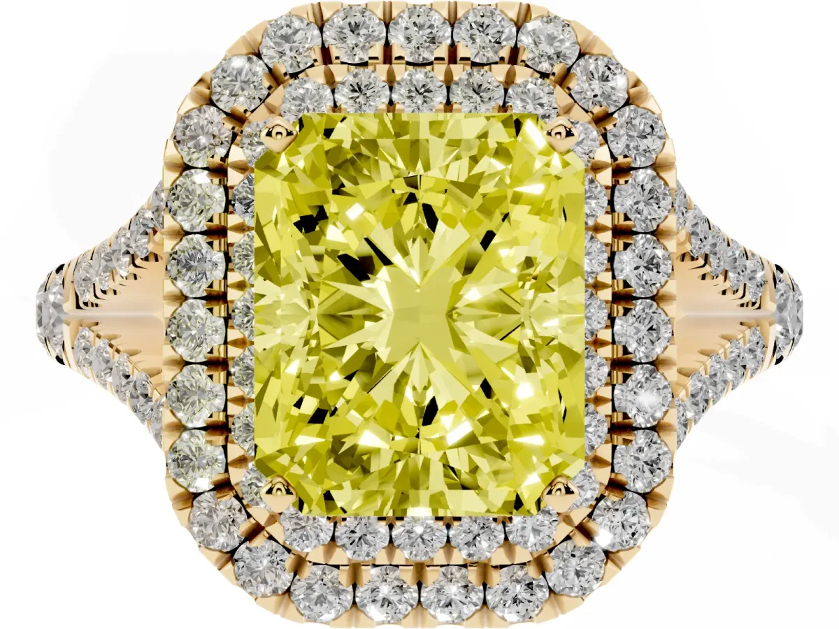 Fancy Yellow Radiant Cut Diamond Double Halo Ring with Split Shank and Prong Setting Yellow gold