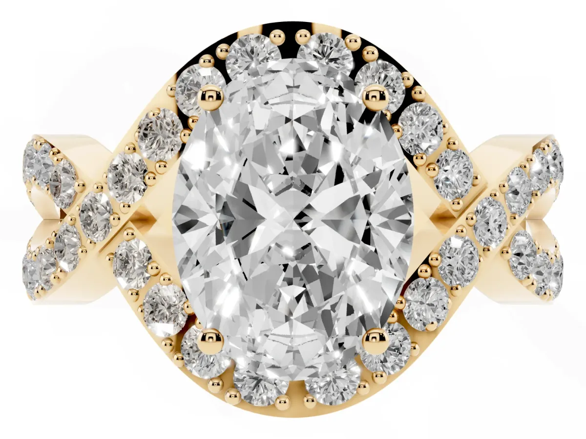 Oval Cut Solitaire Twist Band Pavé Diamond Engagement Ring Yellow gold