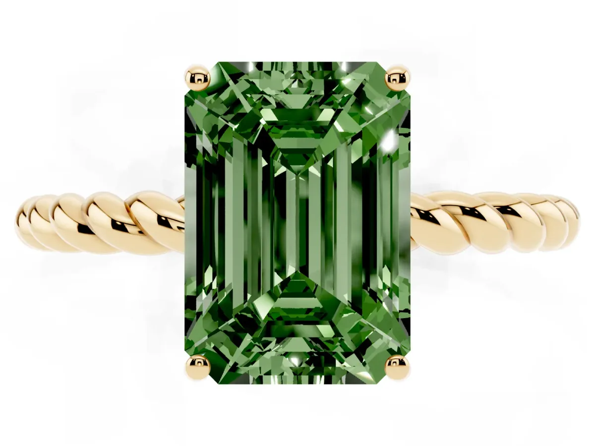 Fancy Green Emerald Cut Solitaire Twisted Band 4-Prong Ring Yellow gold