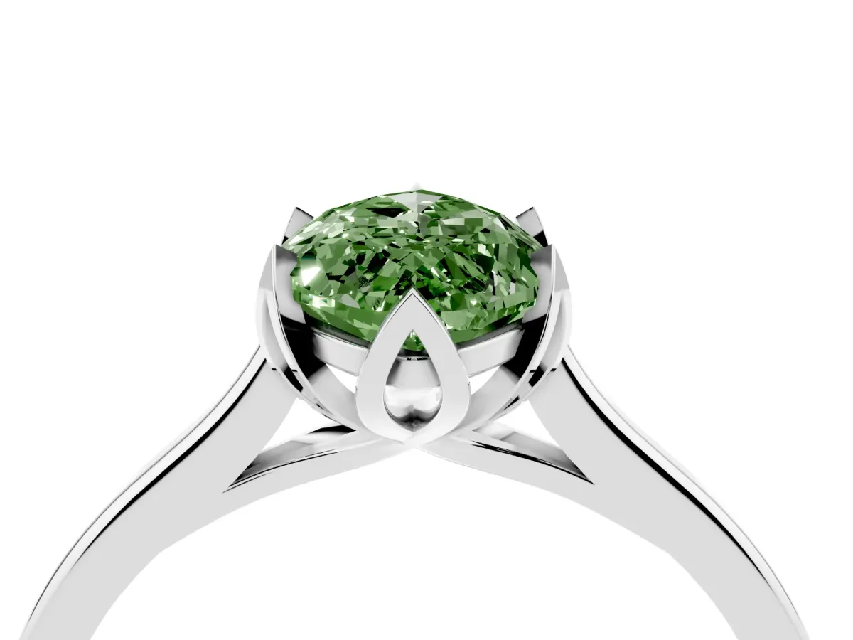 Fancy Green Marquise Cut Diamond Solitaire Ring with Flower Prong Setting and Classic Band Silver