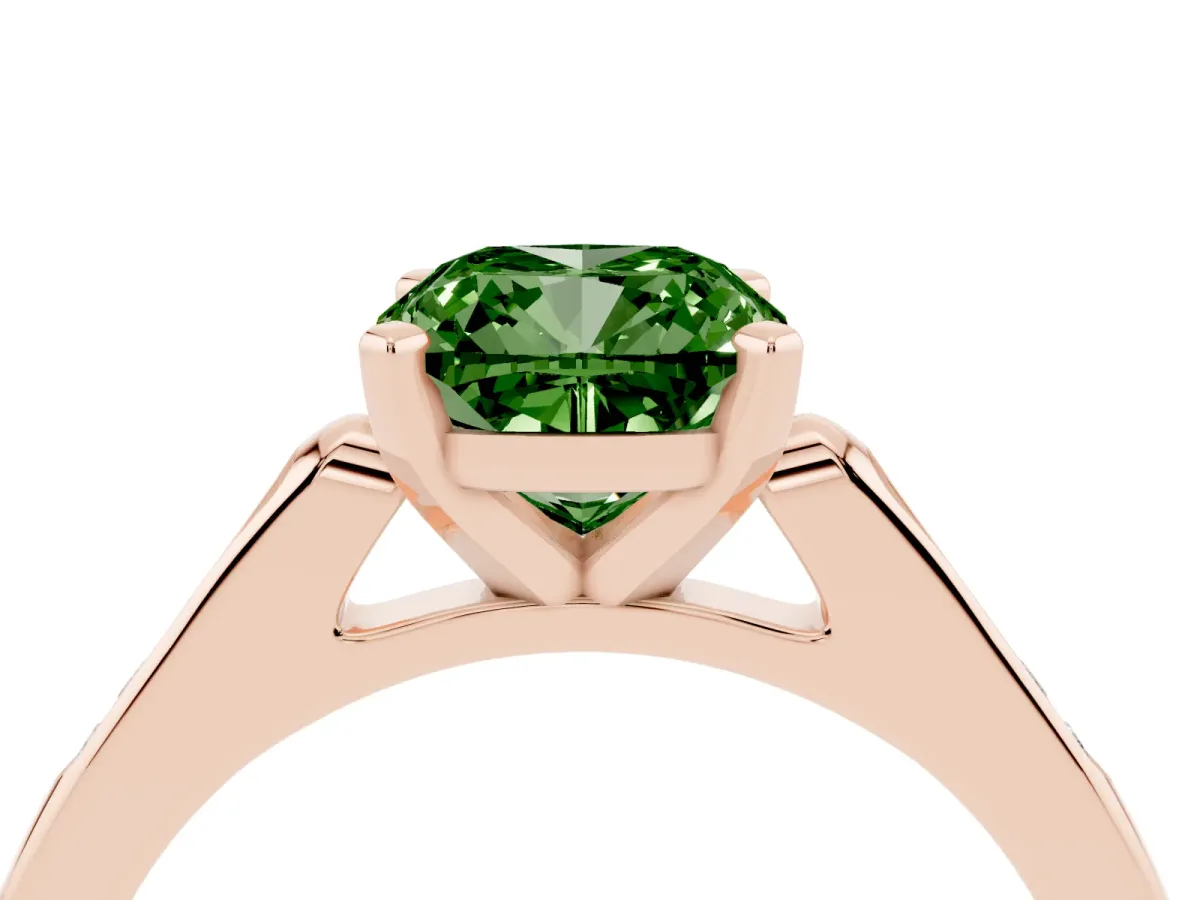 Fancy Green Cushion Cut Diamond Solitaire Ring with Channel Set Round Band and Prong Setting Rose gold