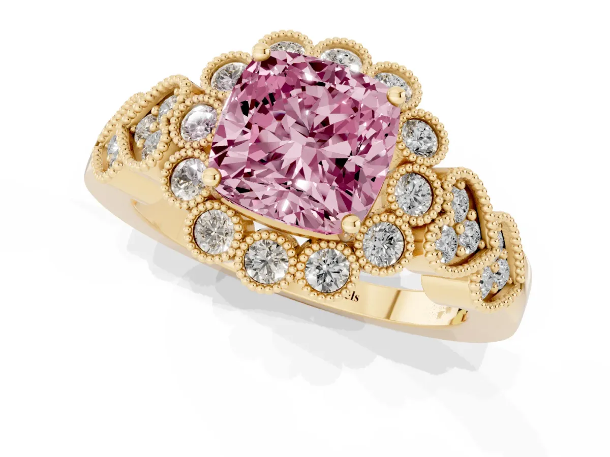 Fancy Pink Cushion Cut Brilliant Milgrain Pave Heart Band Solitaire Ring Yellow gold