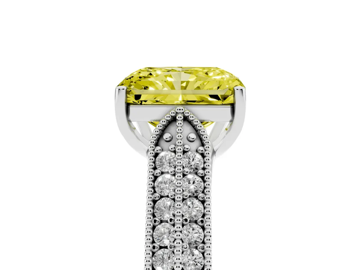 Fancy Yellow Radiant Cut Cut Pave Split Shank Engagement Ring with Four-Prong Setting Platinum