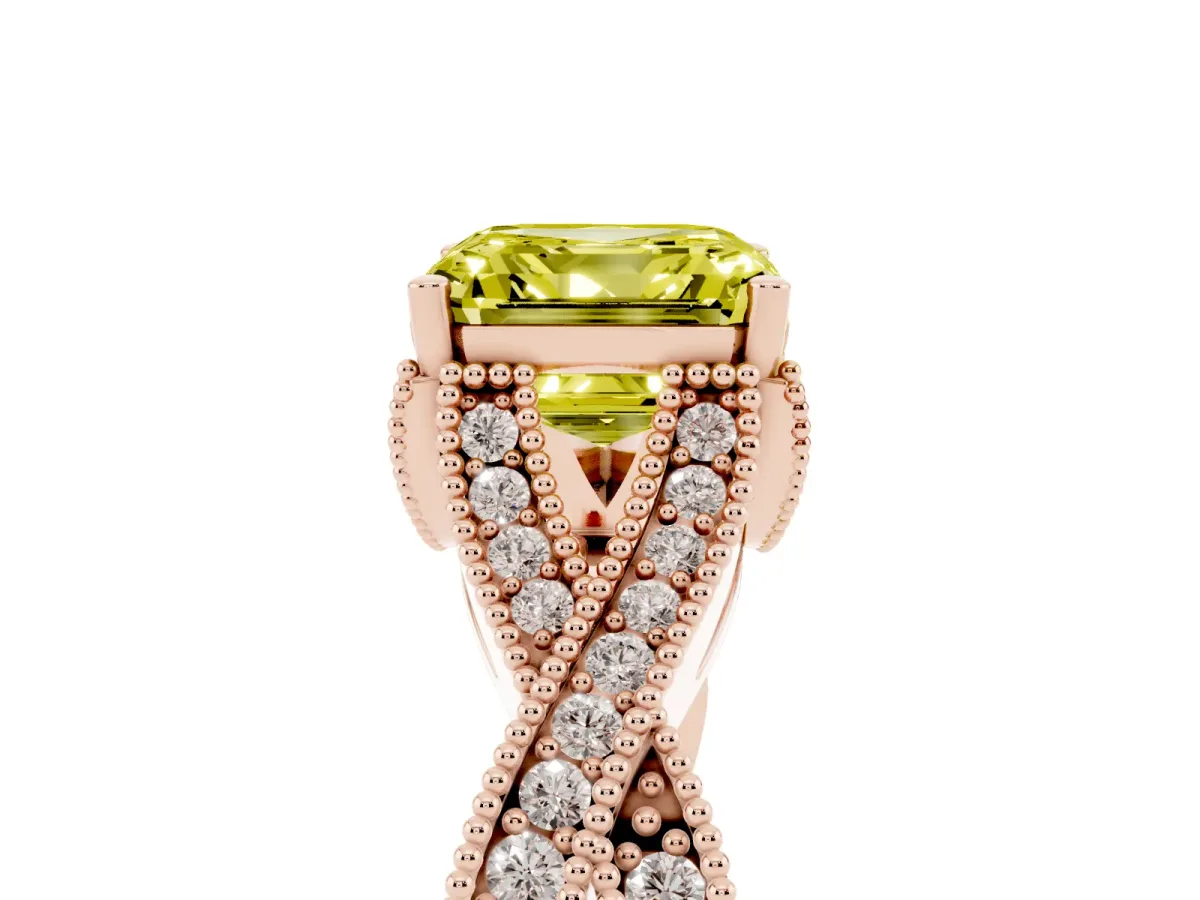 Fancy Yellow Asscher Cut Cut Diamond Twisted Band with Milgrain Pave Setting and Four-Prong Setting Rose gold