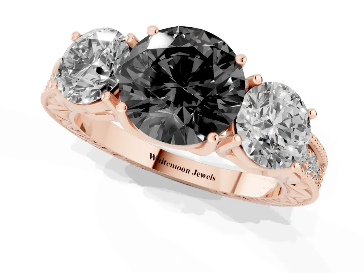 Fancy Black Three-Stone Round Cut Cut Milgrain Pavé Engagement Ring Rose gold