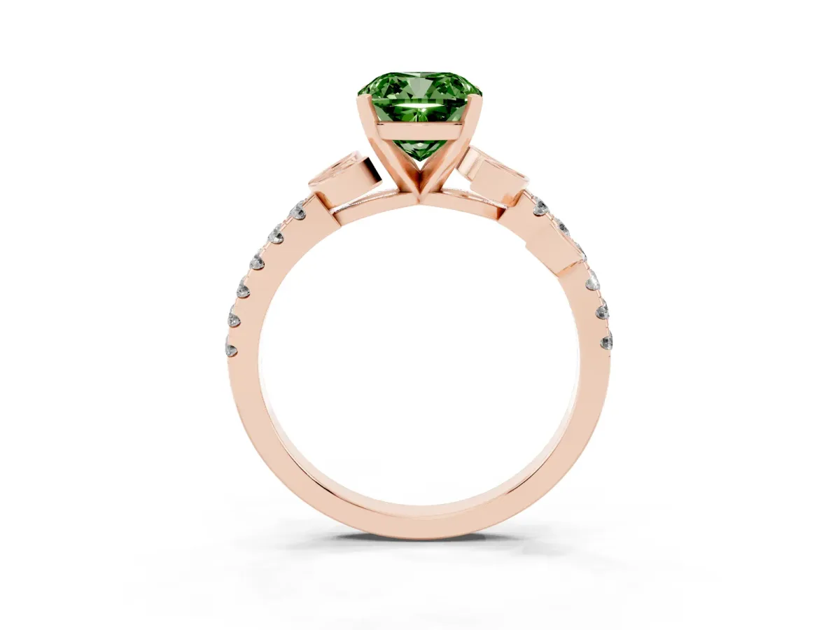 Fancy Green Cushion Cut Solitaire Leaf-Inspired Diamond Ring with Pavé Band and Four-Prong Setting Rose gold
