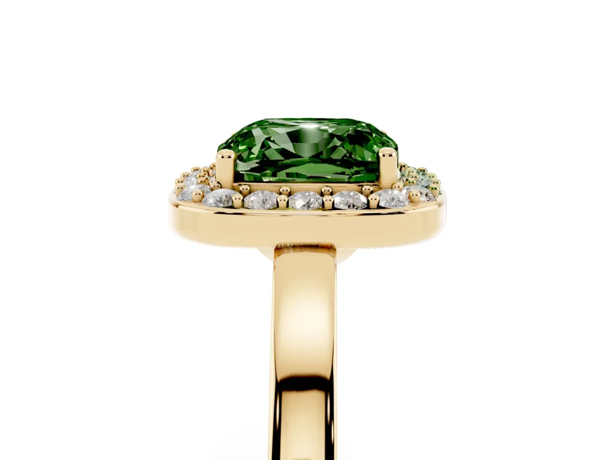 Fancy Green Cushion Cut Halo Diamond Ring with Solitaire Band and Prong Setting Yellow gold