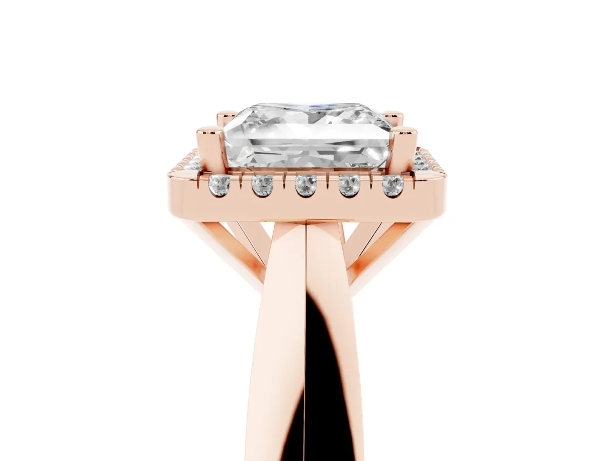 Princess Cut Cut Halo Solitaire Engagement Ring with Square Band and Four-Prong Setting Rose gold