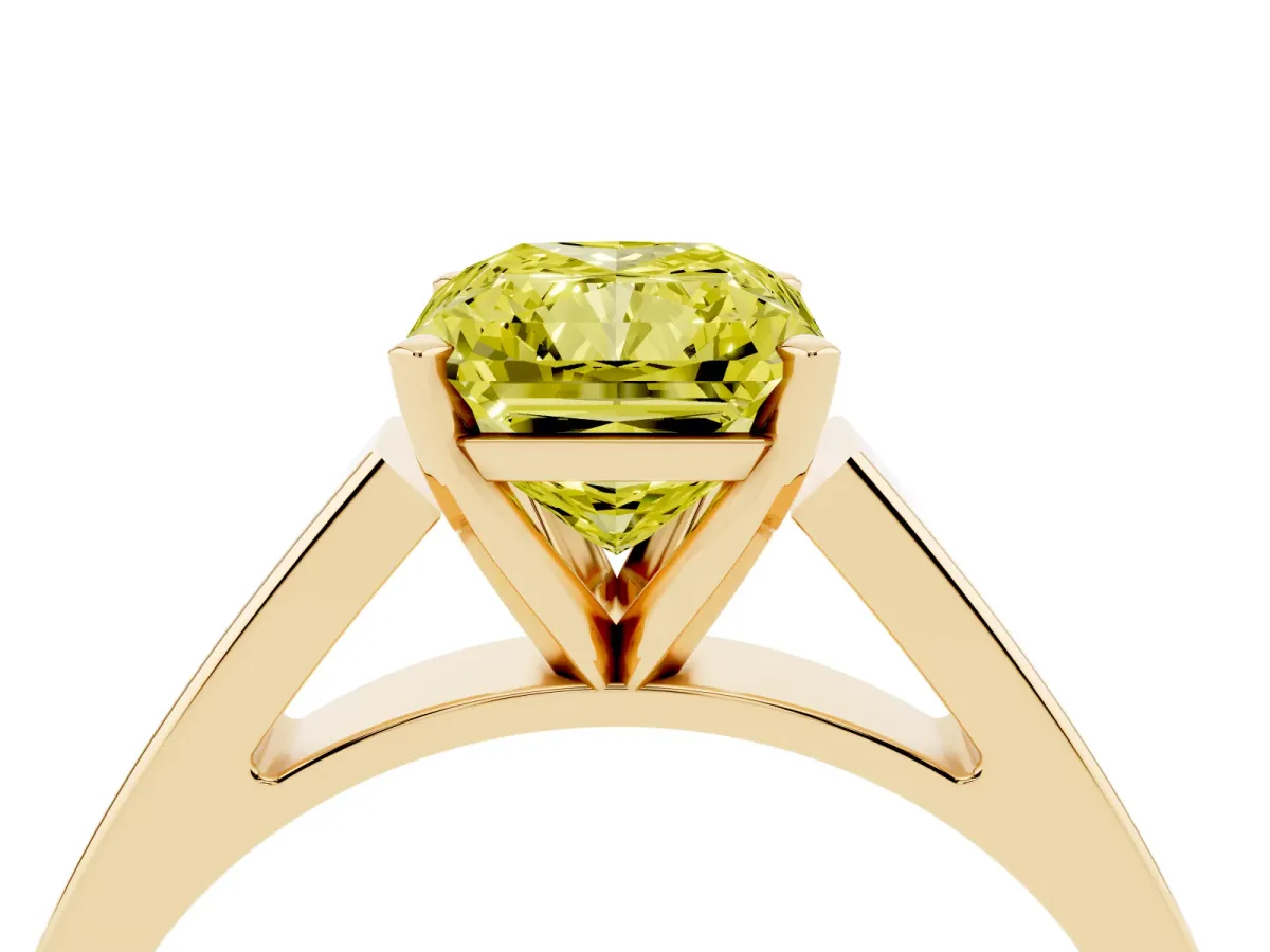 Fancy Yellow Radiant Cut Solitaire Engagement Ring with Four-Prong Setting and Tapered Band Yellow gold