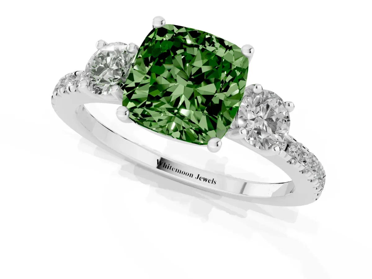 Fancy Green Three-Stone Cushion Cut Cut Diamond Pavé Band with Prong Setting Platinum