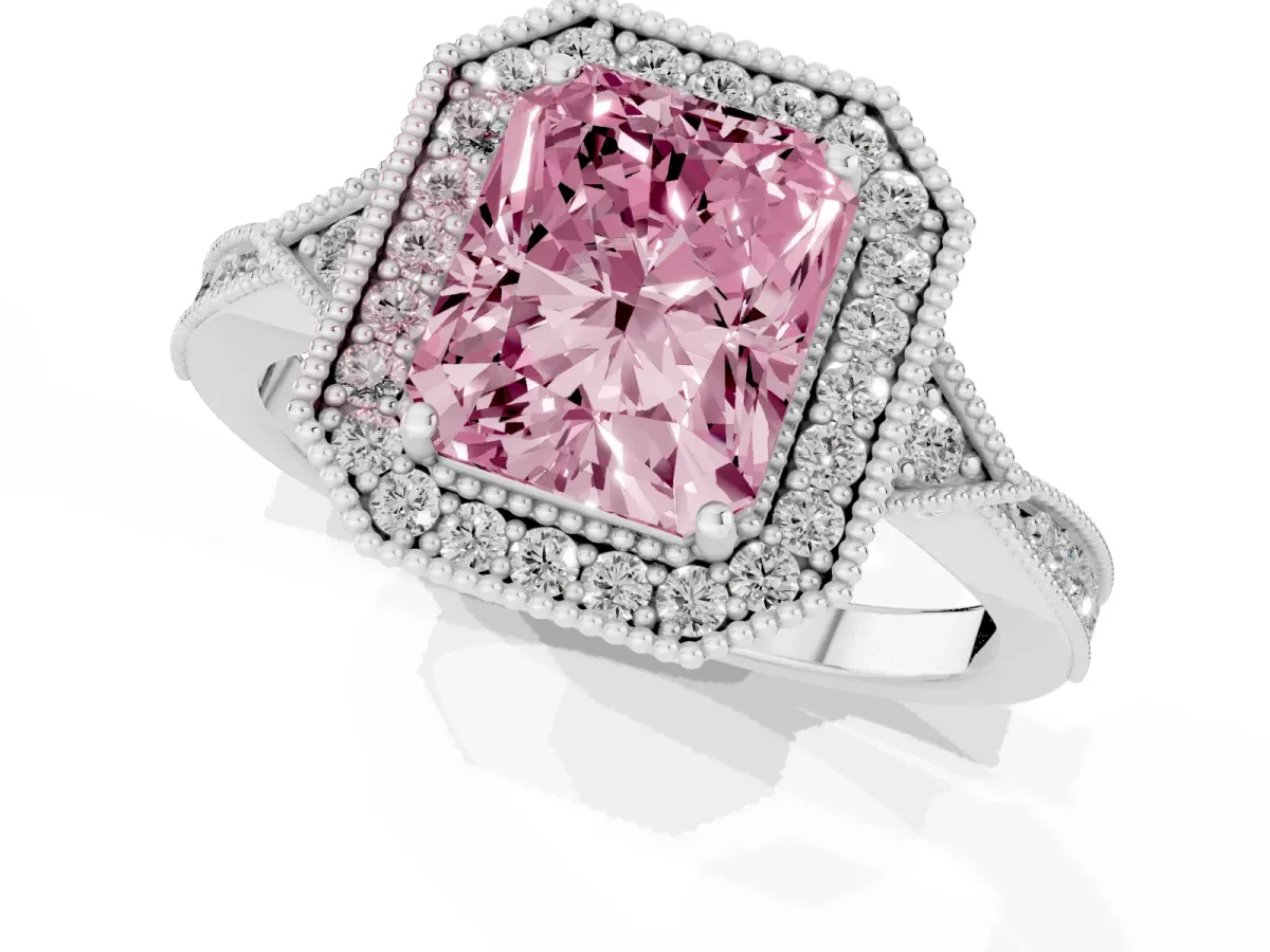 Fancy Pink Radiant Cut Halo Round Diamond Milgrain Pave Engagement Ring Silver