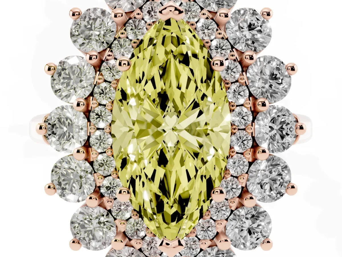 Fancy Yellow Marquise Cut Diamond Floral Double Halo Engagement Ring with Prong Setting Rose gold