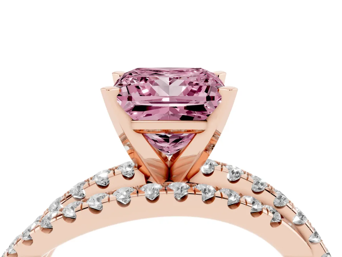 Fancy Pink Princess Cut Solitaire Twist Band with Pavé Setting and Four-Prong Setting Rose gold