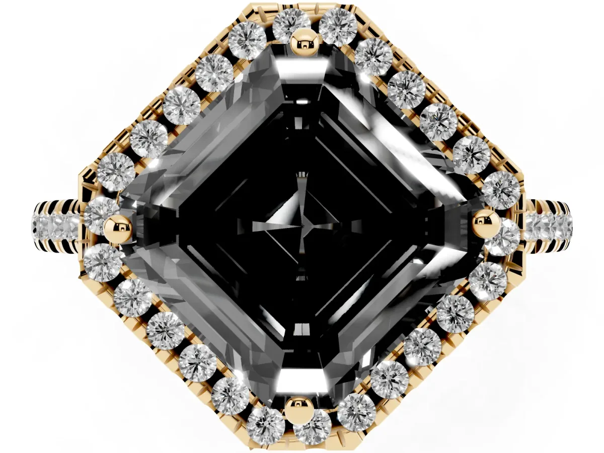 Fancy Black Asscher Cut Diamond Cushion Halo Ring with Pavé Band Yellow gold