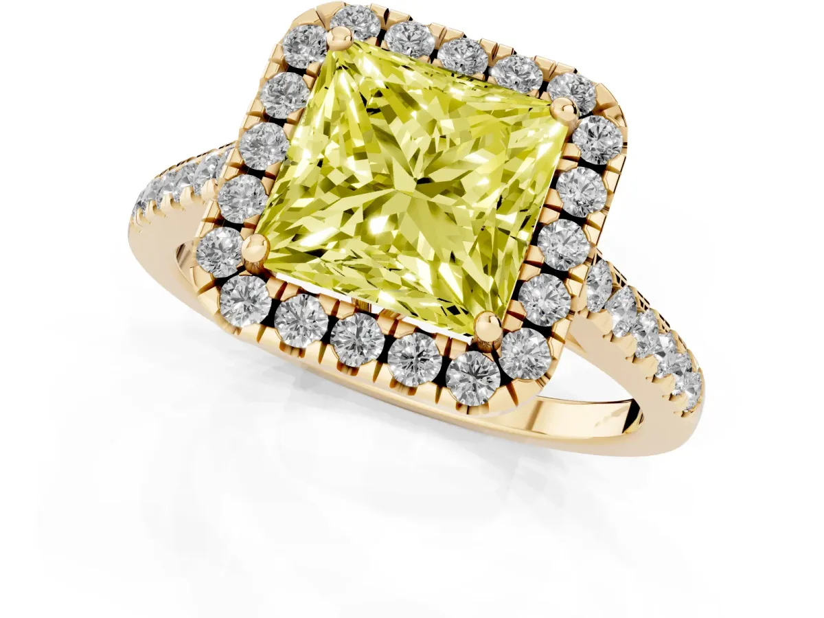 Fancy Yellow Princess Cut Halo Pavé Diamond Engagement Ring with Four-Prong Setting Yellow gold