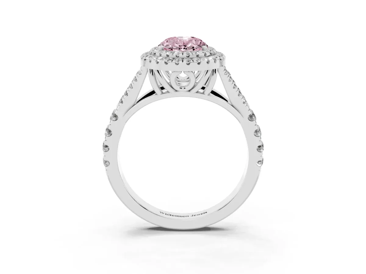 Fancy Pink Oval Cut Diamond Pavé Split Shank Double Halo Engagement Ring Silver