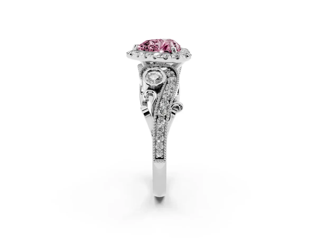Fancy Pink Heart Cut Halo Diamond Ring with Milgrain and Bezel Accents on a Split Shank Band Platinum
